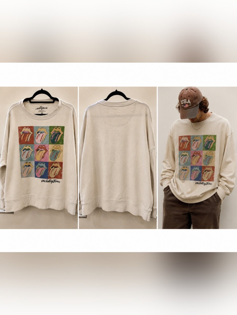 The Rolling Stones Beige Graphic Crewneck Sweatshirt with Multicolor Tongues